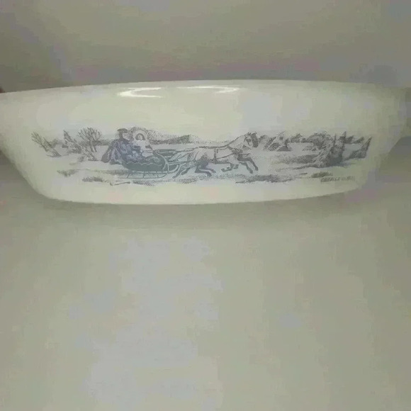 Other - Glasbake Currier and Ives Horse & Sleigh white blue Divided Dish 12" USA J-2352
